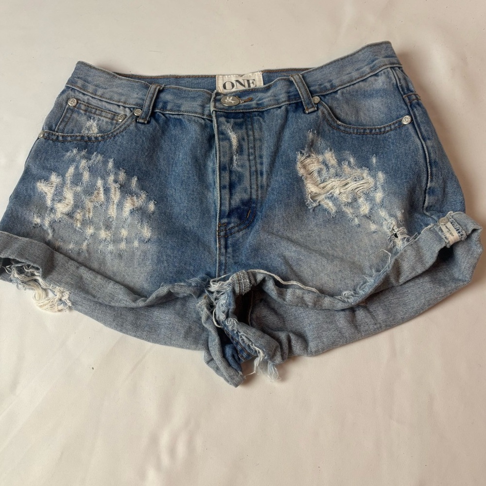 One Teaspoon Ripped Rolled Hem Denim Shorts - Blue